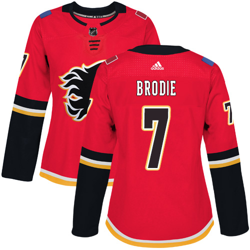 Adidas Calgary Flames #7 TJ Brodie Red Home Authentic Women Stitched NHL Jersey